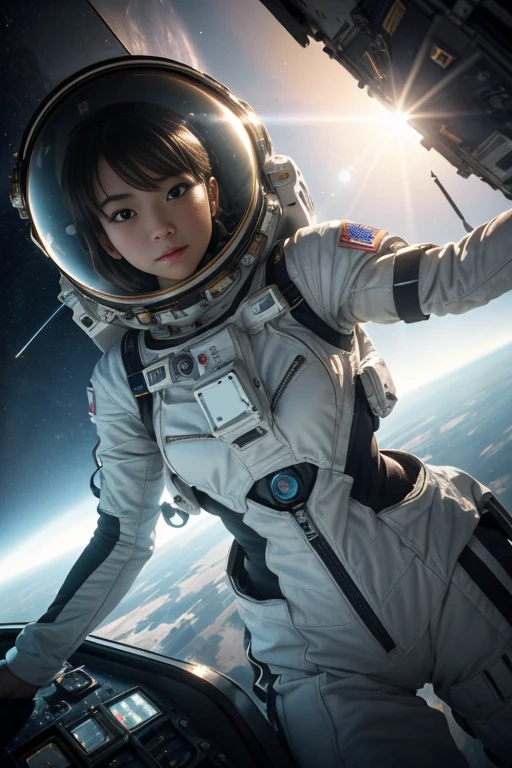 (8k, RAW photo, best quality, masterpiece), (photorealistic), outstanding details, ultra-high resolution, anatomically correct, textured skin, (Extremely precise and accurate anatomy),
Ultra Detailed Face, Detailed Eyes,
(Wide-angle lens effect:1.2),
(Spaceship pilot), (astronaut), (descending from outer space to earth), cockpit of modern spacecraft,
(Cute Japanese girl , 20-year-old), spacesuit, no helmet, (Descent maneuvering),
(backlighting),
(reflection light from below:1.4),
atmospheric perspective, depth of field,
(dramatic lighting), cinematic lighting,