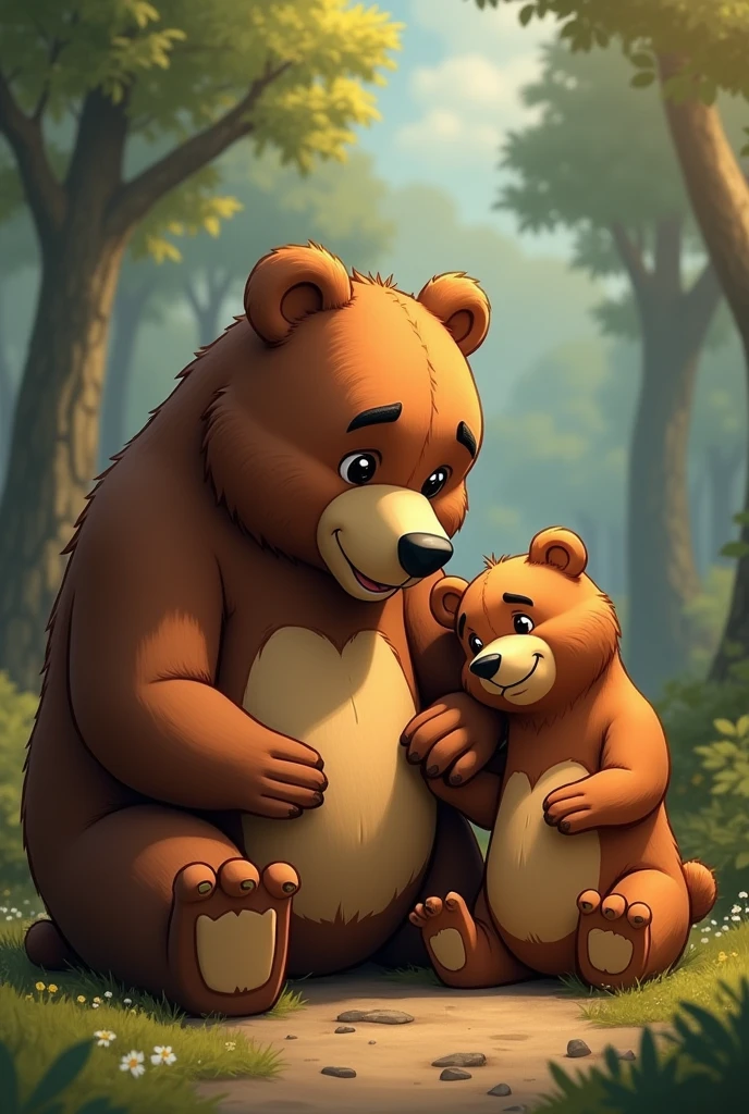 Papa and Mama bears spoiling a small animated cartoon bear