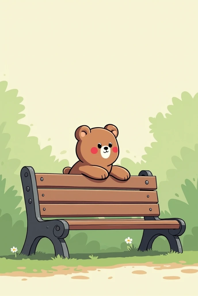 The image shows a bench from the side in a comic style, on which a chibi bear is drawn in a Milkmochabear art style.