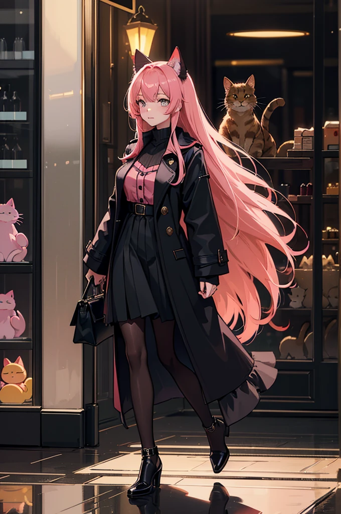 Young woman, темная street, Rear lighting, shop windows, cat in reflection, dark, light in hair, street, coat, black dress, handbag, Abyssinian cat, pink hair girl, Going forward, короткое coat, walking down the street, on the side of the display case, full height