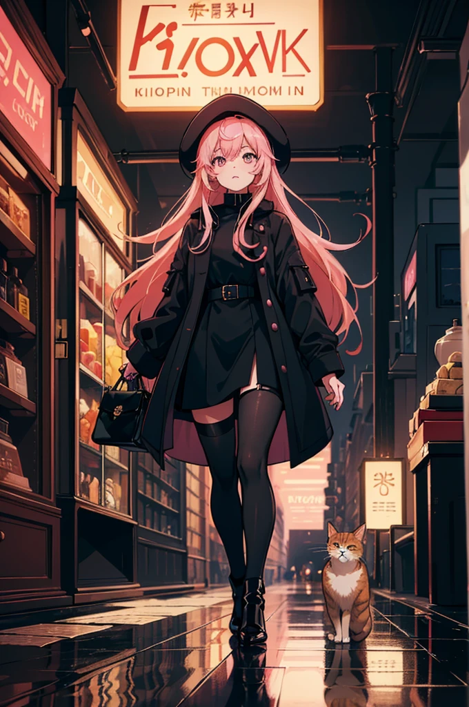 Young woman, темная street, Rear lighting, shop windows, cat in reflection, dark, light in hair, street, coat, black dress, handbag, Abyssinian cat, pink hair girl, Going forward, короткое coat, walking down the street, on the side of the display case, full height