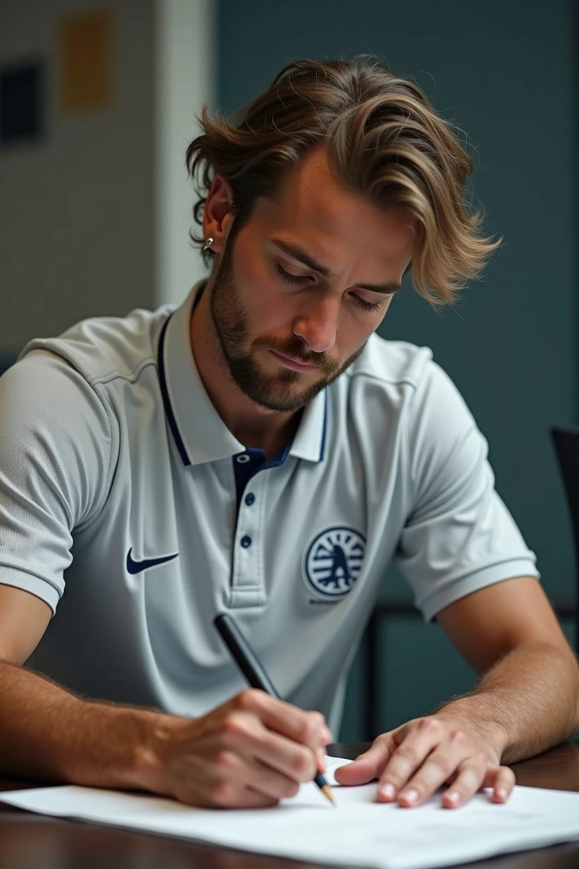 Football player with medium hair signing football team contract