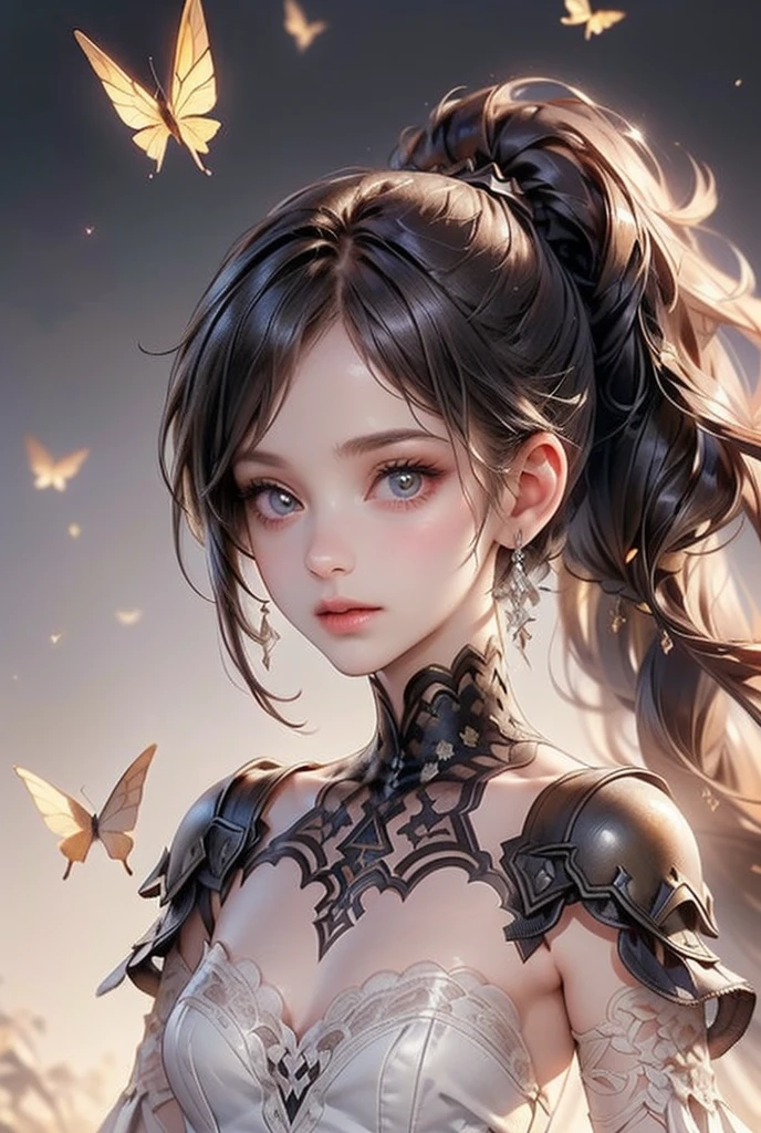  (((masterpiece, of the highest quality, super detailed))), (a witch belonging to an occult order of knights), (a knight crossed with a witch), (big forhead:1.2), extremely detailed cute anime face, intricate eyes,beautiful detailed eyes,symmetrical eyes,(((detailed face))),beautiful detailed lips, (((dark hair, long ponytail, thick ponytail, heavy ponytail))), (((Very sharp focused eyes))), ((small breasts)), very long eyelashes, occult aesthetic, (resolved expression), resolute expression), Victorian era inspired, ((minimal but intricate beautiful armour)), (Fluttering lace flared dress with frilly petticoats), ((Bloodbourne inspired)), ((nier automata inspired)), (red and white clothing detailed and intricate steampunk and detailed gothic), (with a hood), complex lace boots, 