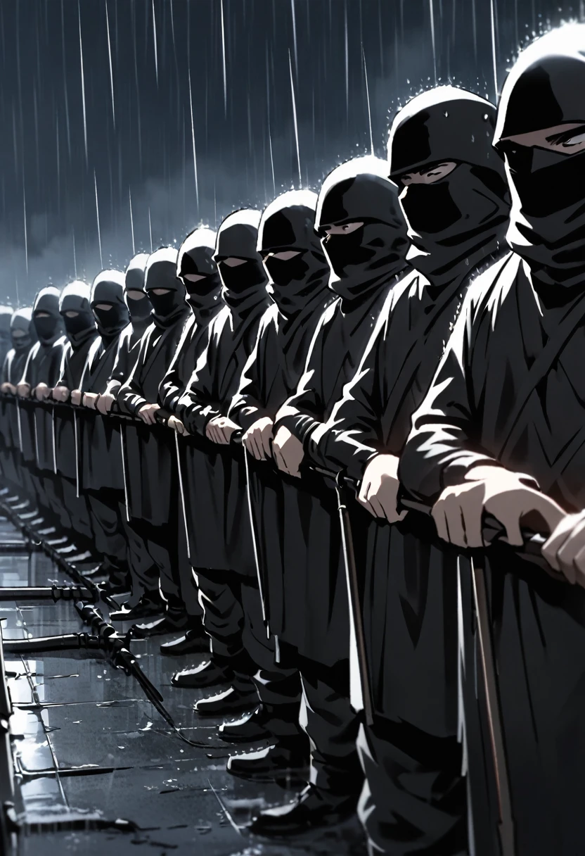 Black terrorists, many terrorists, black balaclava, black clothes, army, night, rain, on the line, black flag behind them