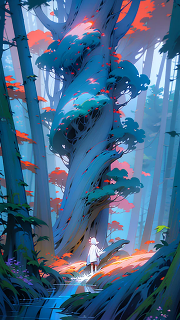Viral anime nature wallpaper in 4K quality, in the style of digital illustration inspired by Hayao Miyazaki, featuring a serene forest with towering ancient trees, dappled sunlight filtering through the leaves, a gentle stream flowing through the scene, and mystical creatures peeking from behind the foliage; vibrant and warm color temperature, cosmos lighting with stars twinkling in the sky, no human characters, the atmosphere is tranquil and enchanting --v 5 --stylize 1000