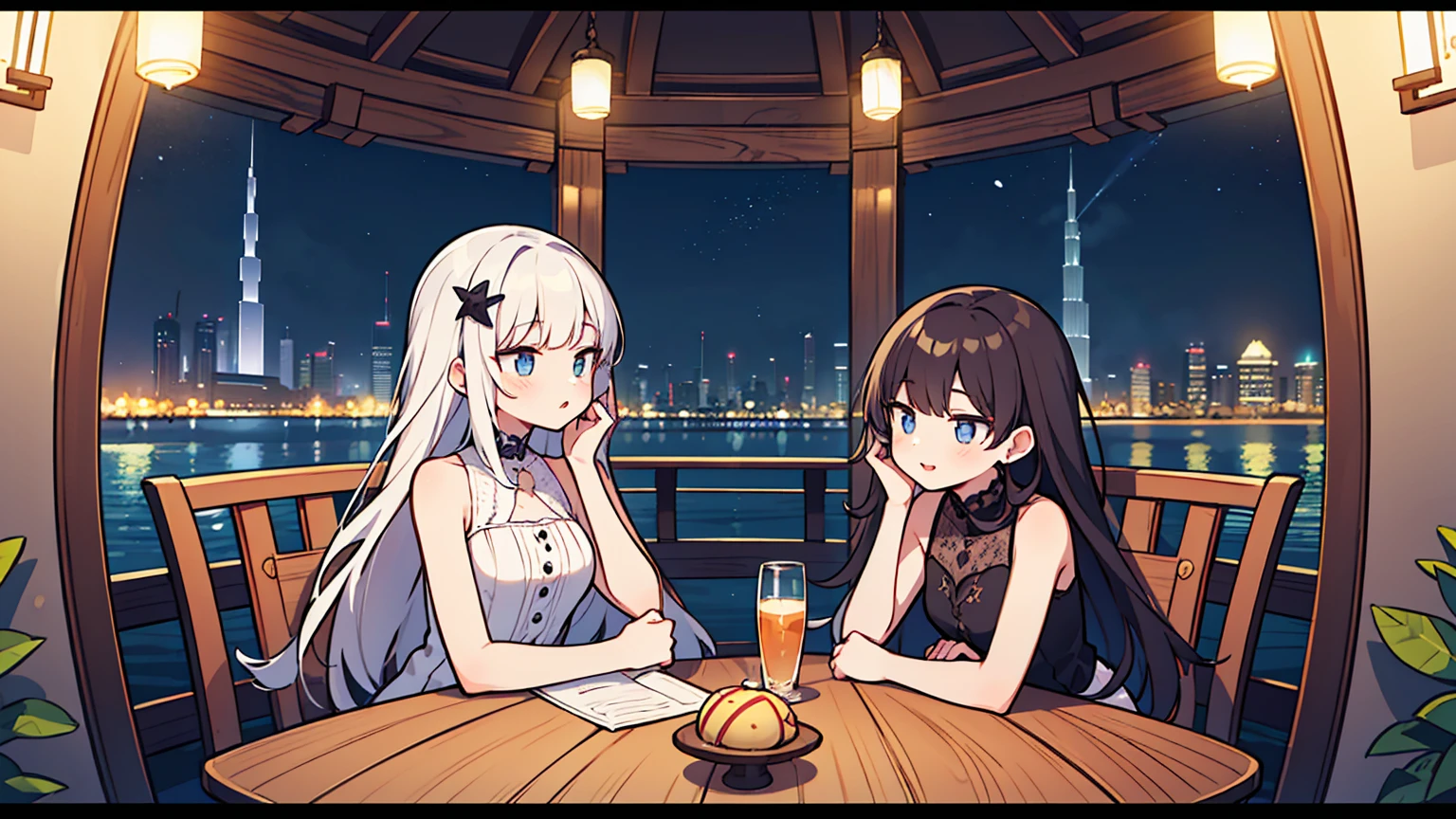 (masterpiece, best quality),2 women, different hair colors, different faces,letterboxed, perfection of fashion,Burton lips, sleeveless,dress,upper body, side,park bench with lake,Round table ,Sitting on a chair and talking,Night view of Dubai Tower