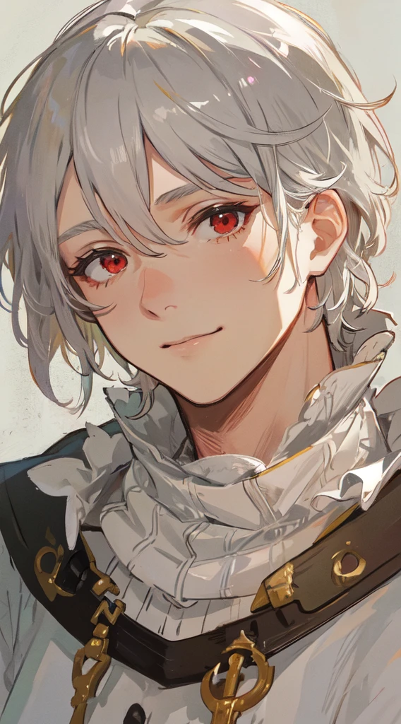 1Mature man, masterpiece, best quality, Practical, 1 person, Mature man, Gentle, Smile, Shut up, portrait, Extremely detailed face, (Messy short hair), (White hair), (Red eyes),Soft white sweater,Incomparably handsome