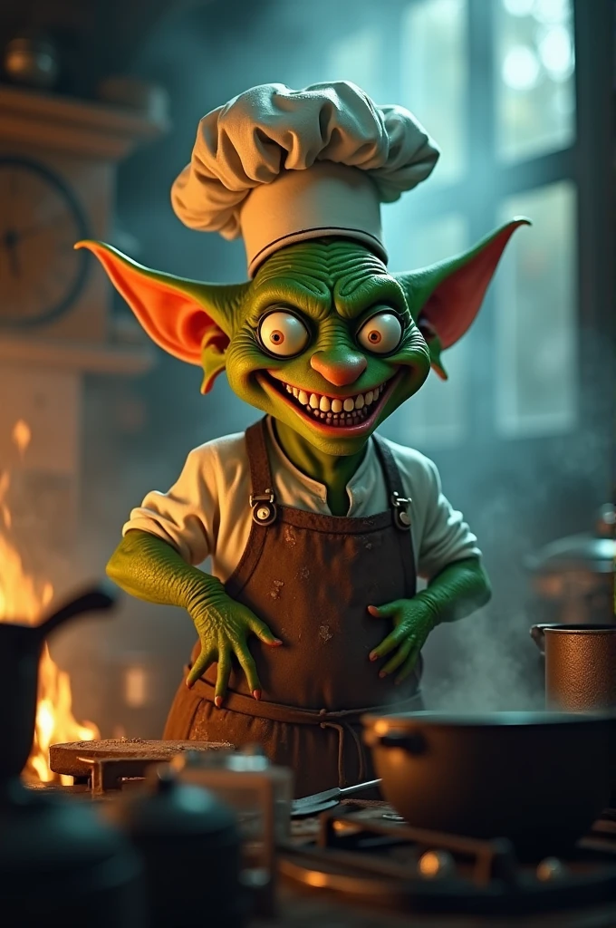 A whimsical and slightly sinister goblin chef with green skin and exaggerated features,wearing a tradition chef's hat and a stained apron.
He has a wide,toothy grine and mischievous eyes,surrounded by a dimly kitchen filled with post and flames.
The atmosphere is smoky and mysterious,with a focus on the chef's playful yet eerie demeanon capturing the essence of a fantasy cooking scene high detail,cinematic lighting and a moody background
