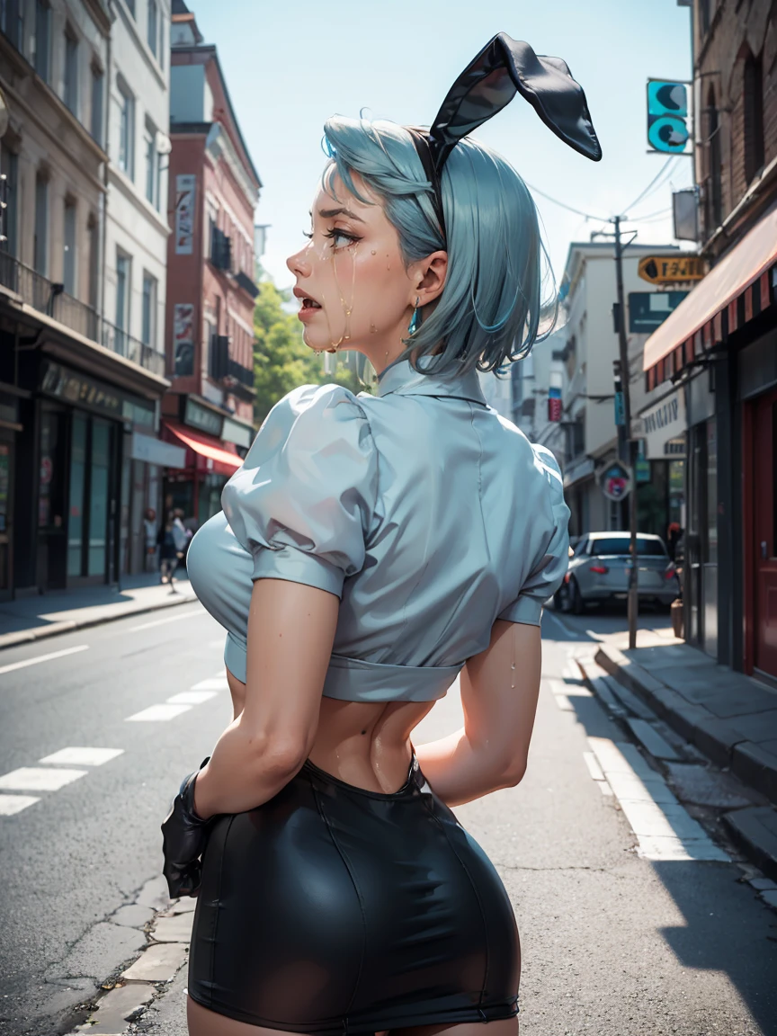 Beautiful woman is shown to have a athletic figure, she is wearing a beautiful nsfw dress, (aafranziska, light blue hair:1.5), ascot, (crop top), puffy sleeves, pencil skirt, pantyhose, black gloves, jewelry, earrings, (black bunny ears:1.4), black lips, (tears, crying:1.4), girl standing in street, (looking down:1.4), sexy session, (arms behind back:1.7), exposed cleavage, (abs), cowboy shot, superior quality, many details, realistic