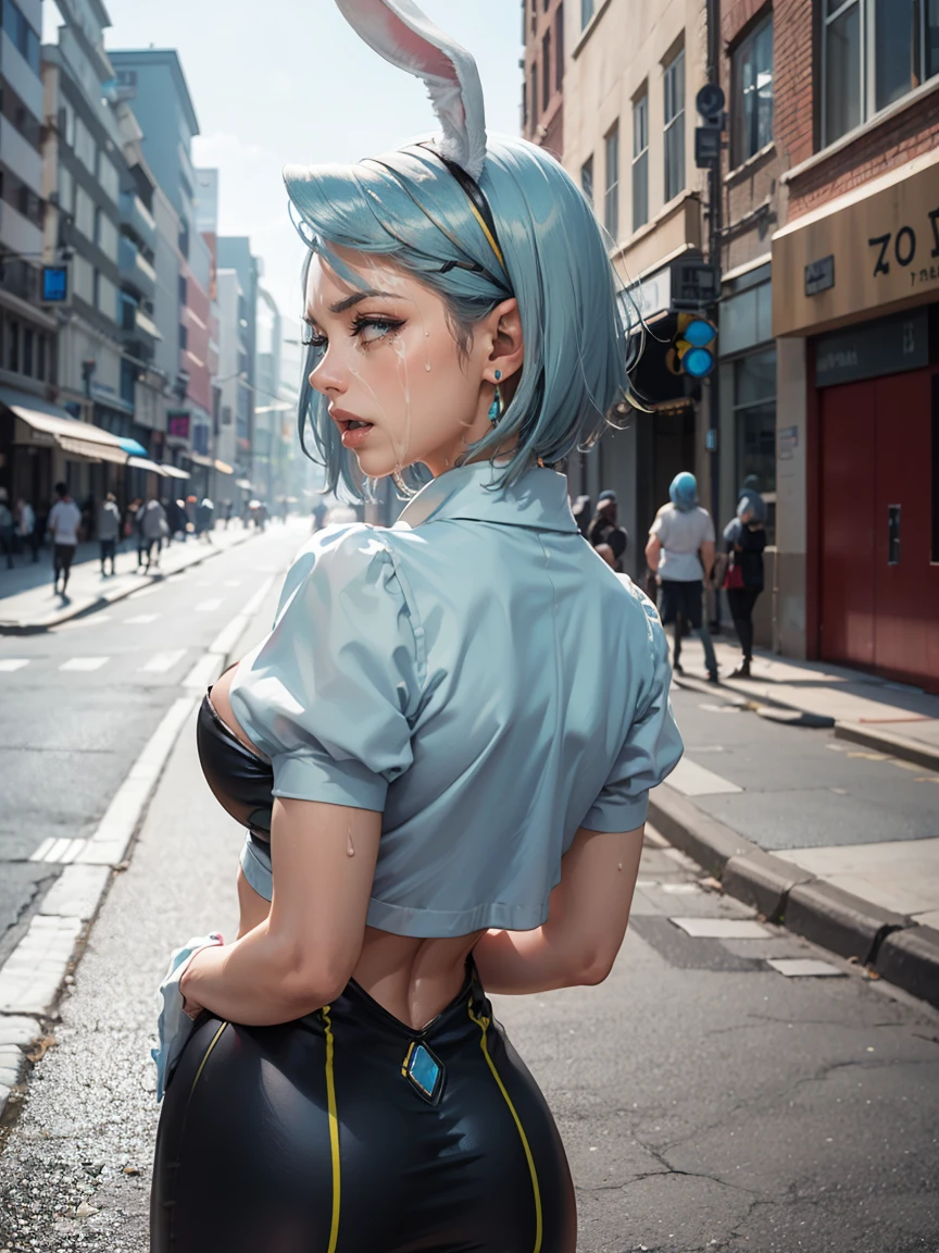 Beautiful woman is shown to have a athletic figure, she is wearing a beautiful nsfw dress, (aafranziska, light blue hair:1.5), ascot, (crop top), puffy sleeves, pencil skirt, pantyhose, black gloves, jewelry, earrings, (black bunny ears:1.4), black lips, (tears, crying:1.4), girl standing in street, (looking down:1.4), sexy session, (arms behind back:1.7), exposed cleavage, (abs), cowboy shot, superior quality, many details, realistic