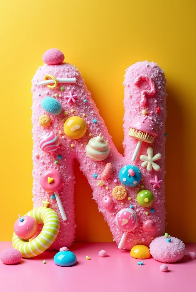 The letter N is decorated with candies and sweets.