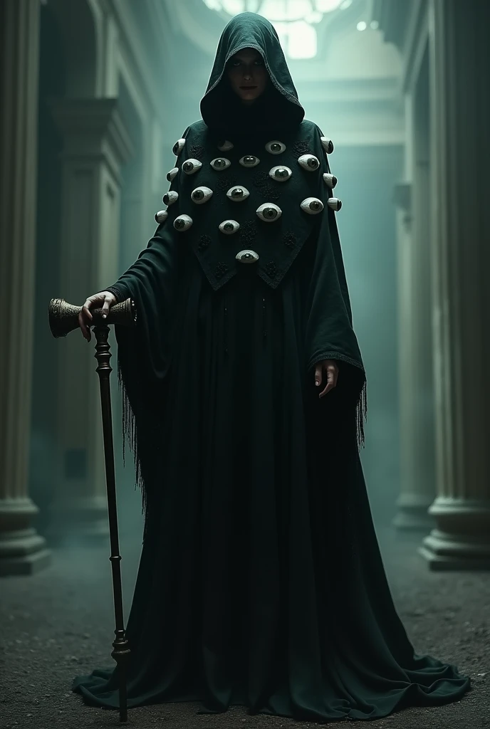 Create a tall, shadowy woman, with a cloak covered in eyes covering her body from the neck down, with a cane that has a hammer on the end