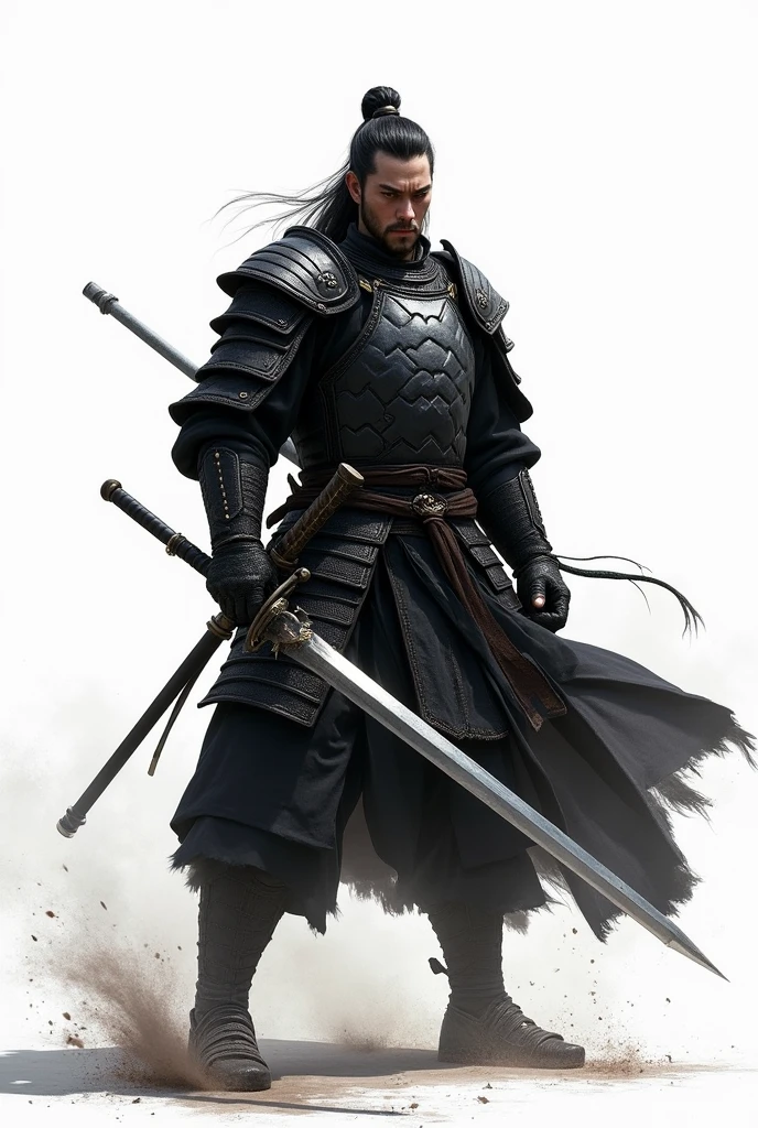 white background, 1 men，Three Kingdoms Slaughter Style:1.0，ancient chinese background，Attentive face, high quality of image，work of art，best qualityer，ultra-high resolution, Em geral, black heavy armor, Launching, sem beard, with the legs showing 