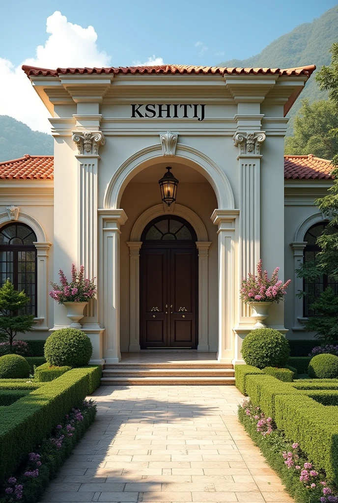 Make a realistic image in which KSHITIJ 's villa IS WRITTEN on the entrance in clear letters