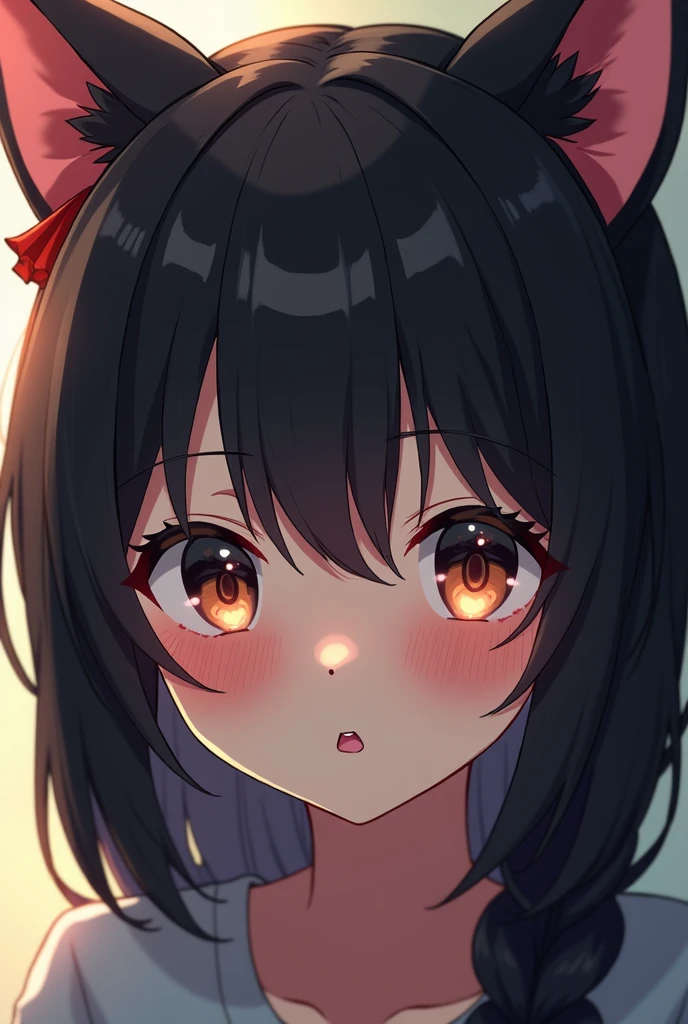 black hair, hair bobbles, wince, longeyelashes, solid circle eyes, fake animal ears, light smile, ear blush, fang, ccurate, Surrealism, drop shadow, anaglyph, stereogram, tachi-e, pov, atmospheric perspective, 8k, super detail, best quality