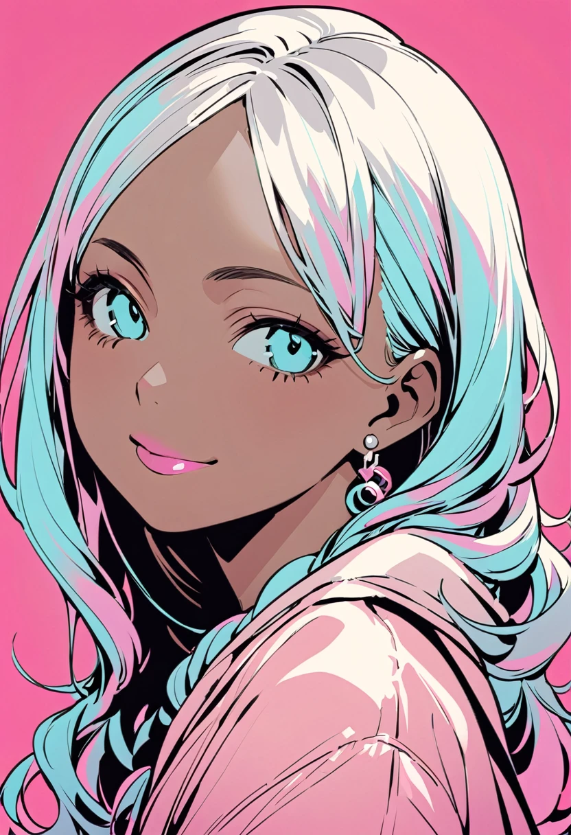 (Highest quality:1.2, City Pop Style, Very detailed, up to date, Vibrant, High Contrast, masterpiece:1.2,), Gal, Neon Color Hair, Braid, Droopy eyes, Brown skin, A gentle and attractive beautiful woman, Half-body photo, Attractive oval face, double eyelid, Pink Lips, Small Nose, pastel colour, smile, 1980s style, ((Retro, Vintage, Plain background))　