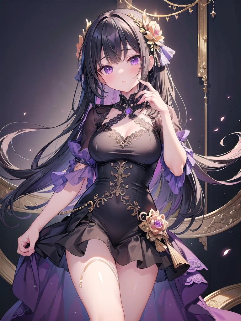 score_9, score_8_Excellent, score_7_Excellent, score_6_Excellent, score_5_Excellent, score_4_Excellent, Yuhee, brown eye, black hair, length hair, Large Breasts, Mature Woman,  One Girl, length_hair, blush, Sweat, purple_eye, brown_hair, lips, purple_hair, alone, dress, length dress, jewelry, Expose your shoulders, loose dress, room、bed、Sexy pose、　Subjective Date, clavicle 、short hair、On all fours、lick、Hunchback、night