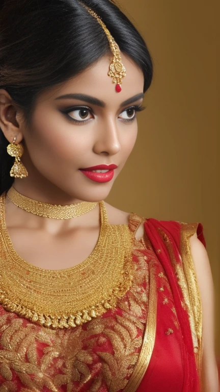 a close up of a woman in a red and gold outfit, wearing gold jewellery, indian goddess, intricate thin details in gold, 8 k sensual lighting, indian, heavy gold jewellery, cinematic goddess close shot, gold bra, golden jewellery, gorgeous woman, intricate outfit, wearing gold chain, gold jewellery, provocative indian, gorgeous beautiful woman, wearing an ornate outfit