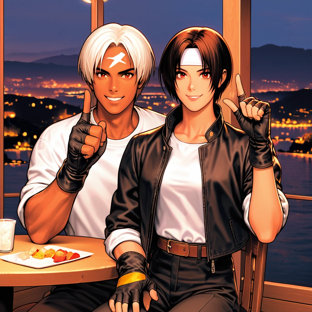 One person,woman,short hair,Dark Skin,Red eyes,(black jacket with sleeves rolled up),Fingerless gloves,White T-shirt, (White headband on forehead),Black trousers,White shoes,Brown belt,cute,Indoor Party,Charm Points,Ocean View,Slightly large chest,Outdoor,high quality,good looking,A confident smile,Dining with friends on the terrace,Vibrant atmosphere,Sit on a chair,Place index finger on cheek
