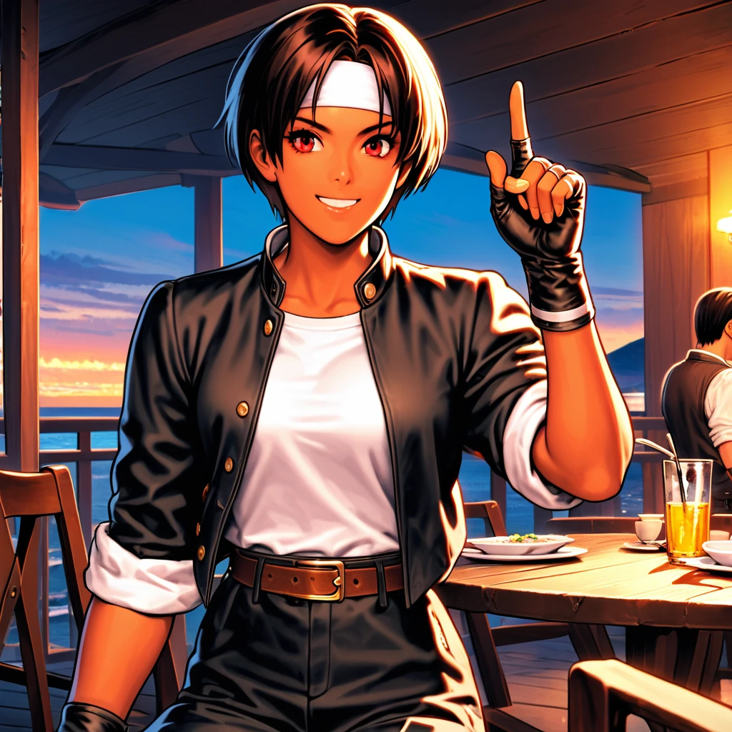 One person,woman,short hair,Dark Skin,Red eyes,（black jacket with sleeves rolled up）,Fingerless gloves,White T-shirt, （White headband on forehead）,Black trousers,White shoes,Brown belt,cute,Indoor Party,Charm Points,Ocean View,Slightly large chest,Outdoor,high quality,good looking,A confident smile,Dining with friends on the terrace,Vibrant atmosphere,Sit on a chair,Place index finger on cheek