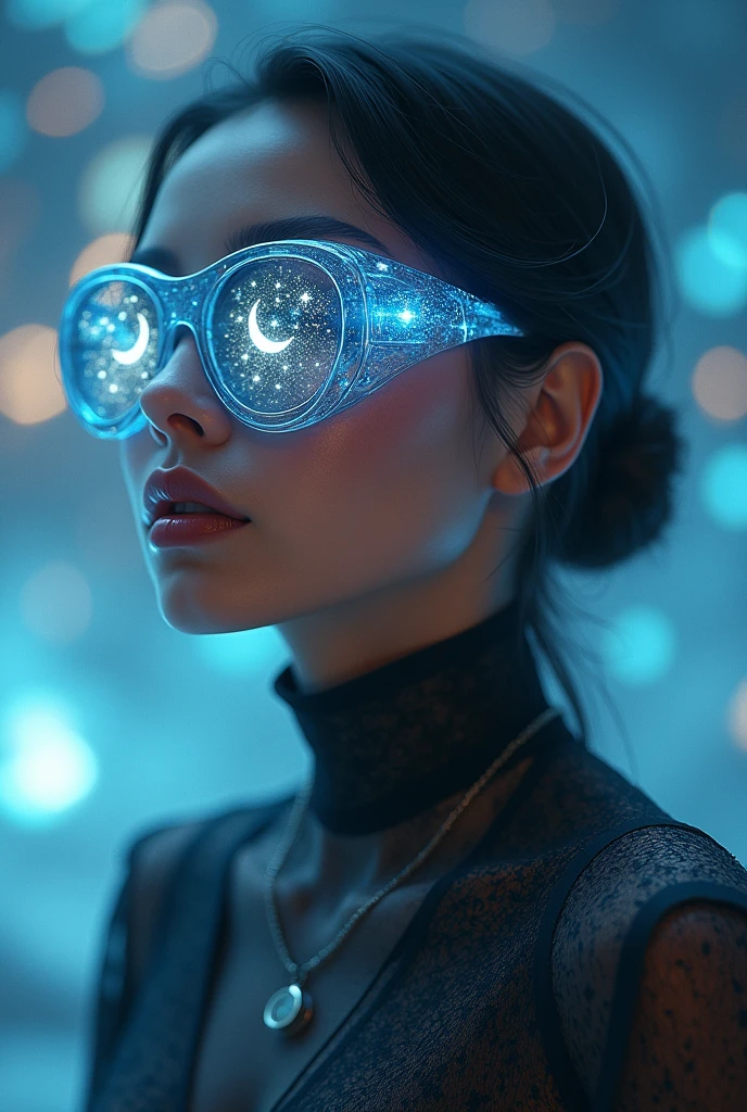 The model is wearing glass sunglasses with stars and the moon on the glass and without any clothe