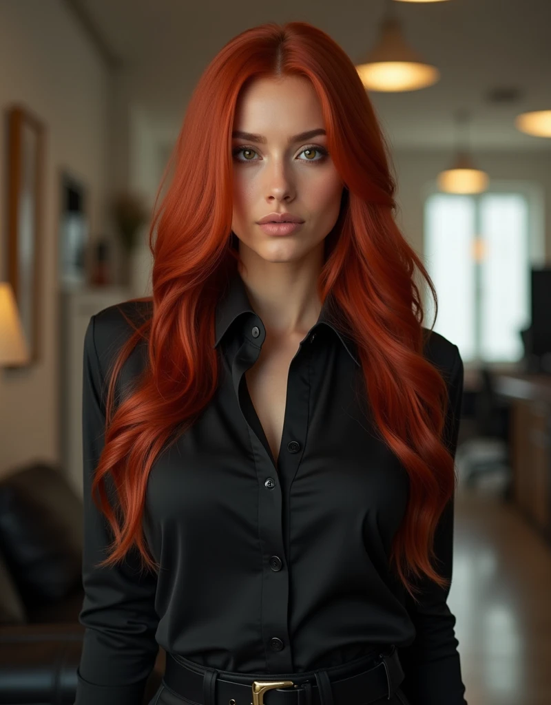 photo. standing straight look ahead. front view. real photo of a sexy girl next door with long red hair (ultra realistic 1.4k) , model girl with juicy figure and big breasts, Black uniform , sexy top .loft office (real image) realistic photo. ultra-realistic, photography, photo RAW,