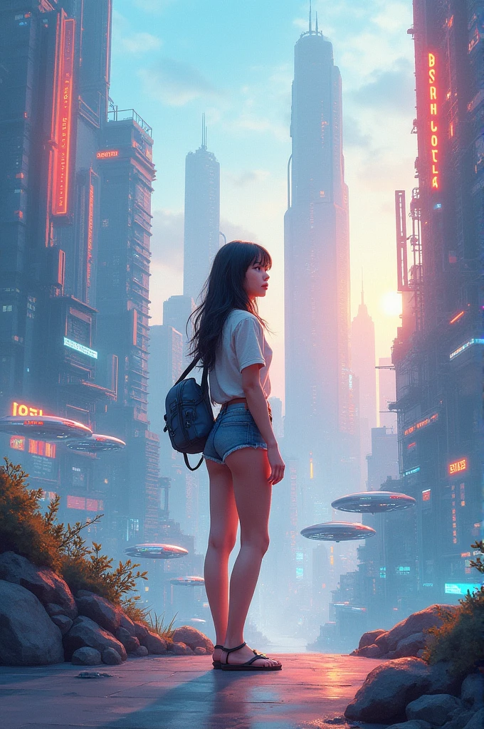 Our future life Futuristic watercolor painting style One girl about 17 years old Horizontal screen
