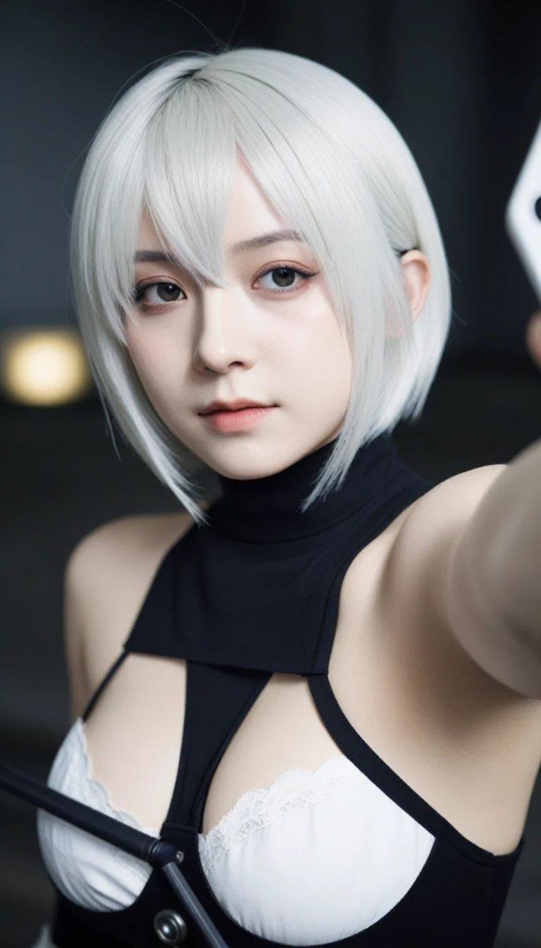 RealのSelfie、Nier:Beautiful cosplay of 2b from Automata、2b takes a selfie、2bのコスプレをした女性のSelfie、White skin、expensive、Great style、Big Breasts、Small face、Small Head、expensive鼻、Beautiful Face、30 years old、British women、British Half、Nier:2b&#39;Automata&#39;s Black Costume、Wearing a black blindfold、Stylish Background、Light background、Blur the background、Fantasyな都市を背景に、peace sign、((2bのSelfie))、((Focus Zoom))、((Face Enhancement))、Shooting from an angle、masterpiece、Highest quality、High resolution、コスプレイヤーのSelfie、Selfie、Professional Photo Model、Fantasy、Glaring at the audience、Angry expression、Cosplay Makeup、Real Cosplay Photos、Cool and beautiful pictures、Wrapped in a pale white glow、good looking