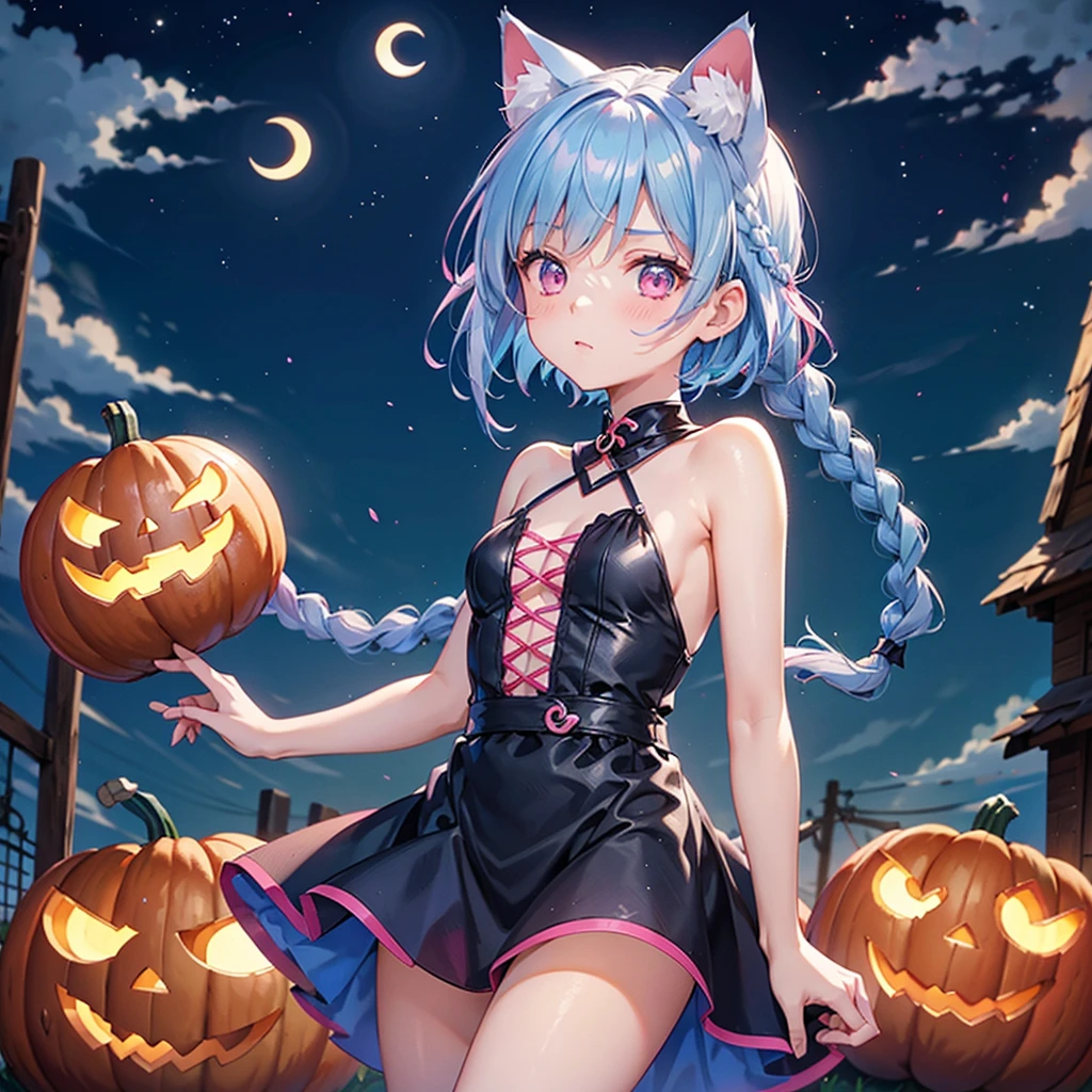 (Sky blue hair),(Braided short hair), (Pink Eyes),Fair skin) ,(whole body),(One Girl),(Crescent Moon),(There are lots of pumpkin ghosts in the background),Cat ear,Cat's Tail,(Sailor suit),(Ahegao),(Fall into Darkness),If you don't give me sweets, I'll play a prank on you.),Halloween Night Party),(masterpiece, Highest quality, Very detailed, Best Shadow), (Detailed Background), (Beautifully detailed face), High Contrast, (Best lighting, Very delicate and beautiful), ((Cinematic Light)), Hyper Detail,8k, Dramatic Light, Intricate details,night,(Bats flying in the background),Pumpkin handbag,There are sweets in the bag,High quality