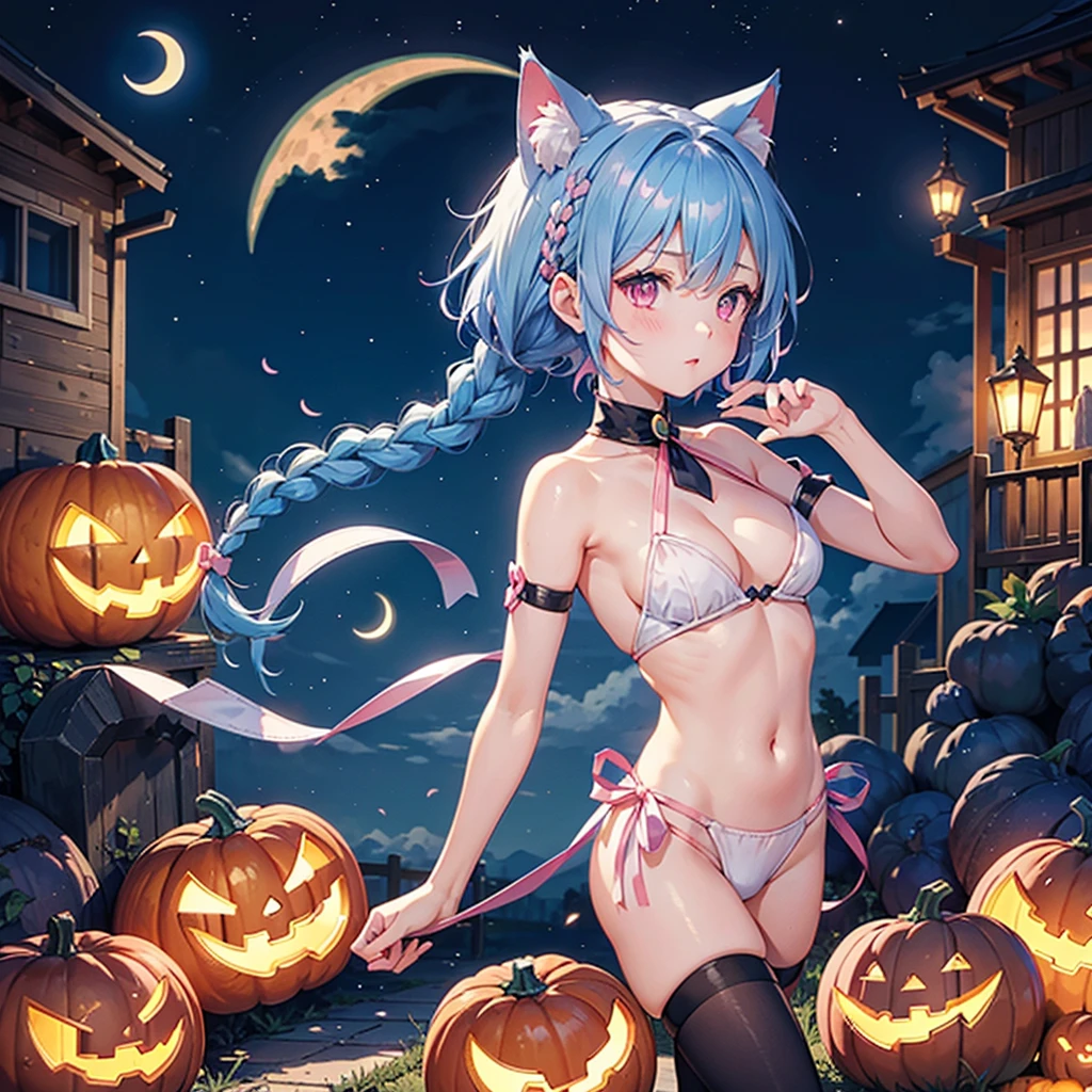 (Sky blue hair),(Braided short hair), (Pink Eyes),Fair skin) ,(whole body),(One Girl),(Crescent Moon),(There are lots of pumpkin ghosts in the background),Cat ear,Cat&#39;s Tail,(Sailor suit),(Ahegao),(Fall into Darkness),If you don't give me sweets, I'll play a prank on you.),Halloween Night Party),(masterpiece, Highest quality, Very detailed, Best Shadow), (Detailed Background), (Beautifully detailed face), High Contrast, (Best lighting, Very delicate and beautiful), ((Cinematic Light)), Hyper Detail,8k, Dramatic Light, Intricate details,night,(Bats flying in the background),Pumpkin handbag,There are sweets in the bag,High quality