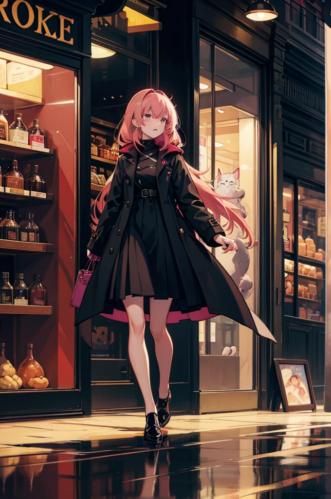 Young woman, темная street, Rear lighting, shop windows, cat in reflection, dark, light in hair, street, coat, black dress, handbag, Abyssinian cat, pink hair girl, Going forward, короткое coat, walking down the street, on the side of the display case, full height, side view