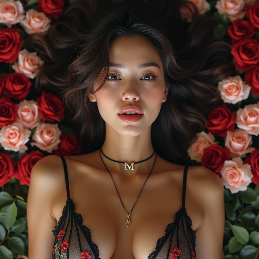 (8ก, RAW photos, highest quality, Masterpiece: 1.2、raw photos)、Portrait, High resolution raw color photos, professional photos、Super resolution, 8ก Picture Wallpaper,(realistic, Real photos: 1.3), ((big necklace))、((black underwear, See-through underwear, floral underwear))、((Whole Esbian、remote:1.1)),1 person、Superb details, a lot　Detailed and beautiful, Highly detailed, Amazing details、Beautiful, cute woman with a perfect body.: 1.4、Big and thin: 1.2、full body image, Amazing details、Beautiful, cute woman with a perfect body.: 1.4、Big and thin: 1.2、Oily skin、glossy lips、High resolution face and skin、Detailed eyes、Double eyelids、Highly detailed and focused chest、((Gray hair color、Long Hair、curly hair)), ((H cup breast:1.2, big breastsa lot、big breasts:1.2、big breastsเกินไป:1.2、bursting breasts:1.2))、(breast definition、happy expression), ((bed made of flowers:1.2))、((Countless beautiful flowers:1.1)), ((mysterious background)), ((lying down on her back)), ((focus on women)),((see nipples))