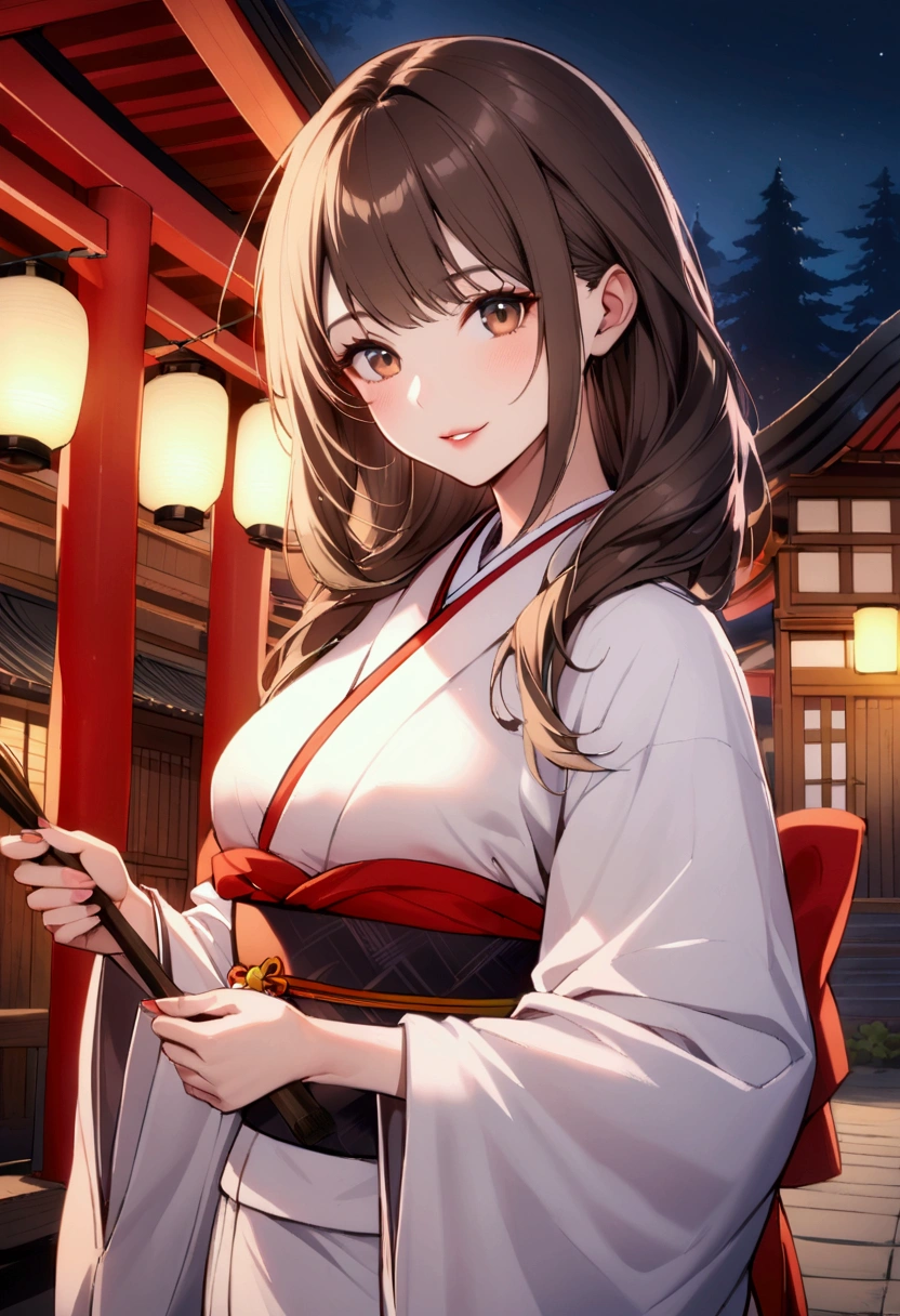 slender, mature female,rating:safe, 1girl, kimono, japanese_clothes,smile, looking_at_viewer, solo, outdoors, brown_hair, day, lips, holding, shrine, standing, kimono, sash, brown_eyes,long_hair, obi, parted_lips, long_sleeves, wide_sleeves, bangs, upper_body, night,