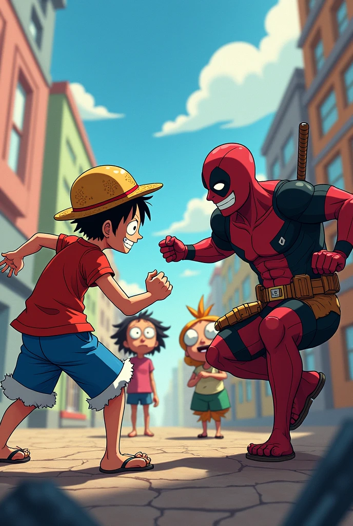 Crear uuna imagen donde esten covatiende lufy de one piece y deadpool contra mordecai y rigby de un show mas.