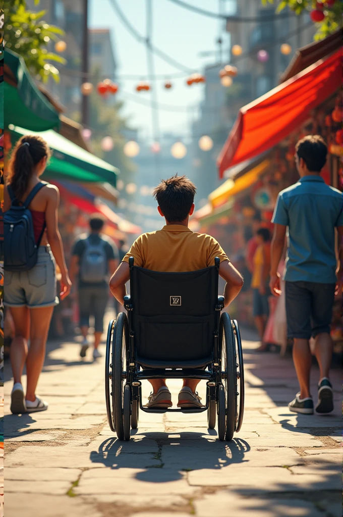 A wheelchair user on the sidewalk of a street market needs to cross the sidewalk towards the access ramp.