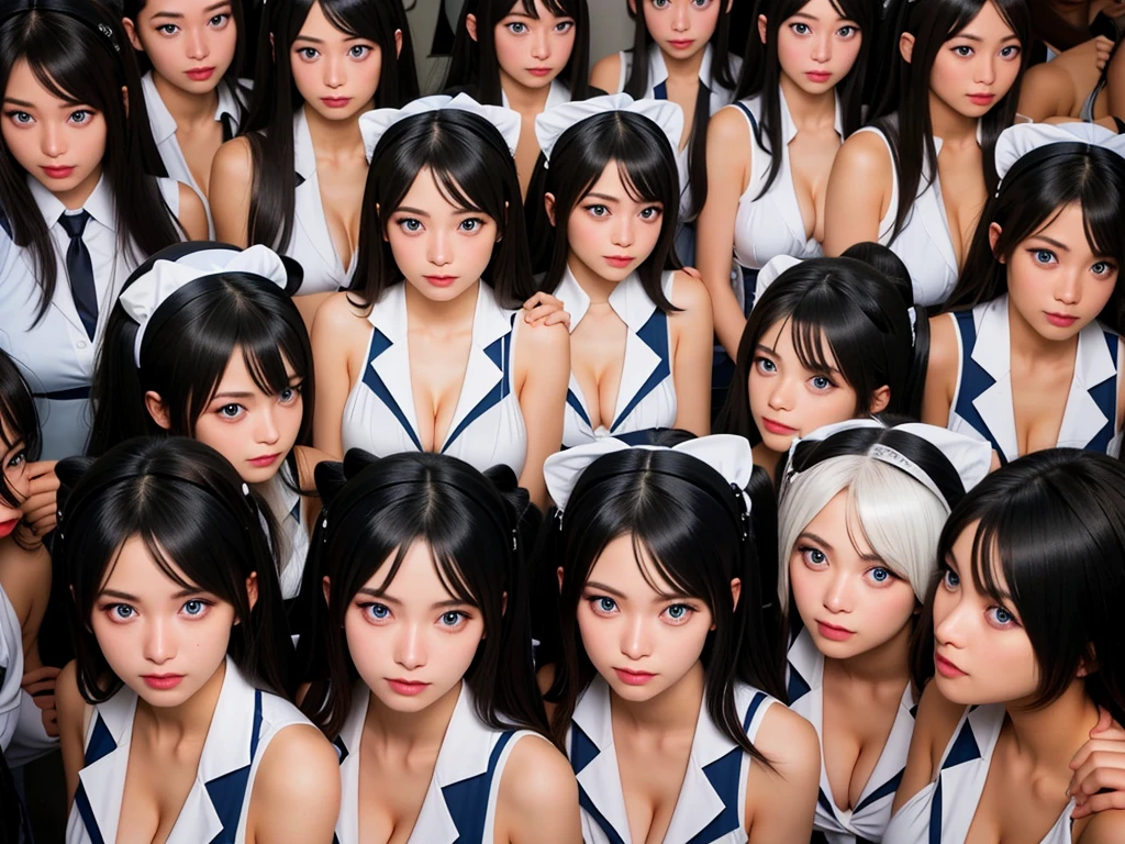 (8k, Ultra-high resolution, Highest quality, masterpiece: 1.2), (Insincere laughter), (avoid), (: 1.5), Japanese girl, beautiful girl, born々new portrait, Realistic, Fun expression, smile, Bright atmosphere, Highest quality, (Huge breasts, Cleavage: 1.8), (J-Cup: 1.8), (Black and white maid outfit: 1.8), Western-style garden, Wide-angle field of view, (Natural skin texture, Detailed skin, Ultra Sharpness), Detailed and detailed, The depth of the written world is shallow, Very bright lighting, ((There are many cloned humans who have the exact same face and body shape as the maid girls: 1.8)), Very crowded, Super dense, Cleavage全開, ((top view))