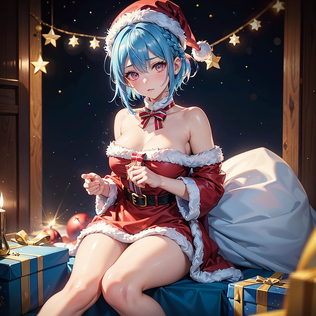 (Sky blue hair),(Braided short hair), (Pink Eyes),Fair skin) ,(whole body),(One Girl),(Gift boxes filling the background),(Santa Claus clothes),(Ahegao),Santa Claus hat,(Christmas Party),(masterpiece, Highest quality, Very detailed, Best Shadow), (Detailed Background), (Beautifully detailed face), High Contrast, (Best lighting, Very delicate and beautiful), ((Cinematic Light)), Hyper Detail,8k, Dramatic Light, Intricate details,night,Christmas tree