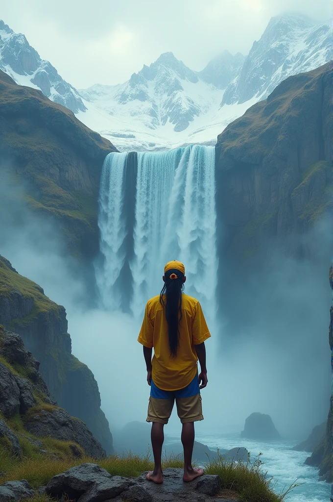 An Indian man stand in high mountain see towards deep trance and waterfall from mountain high.Man in yellow shirt blue paint with cap in head.