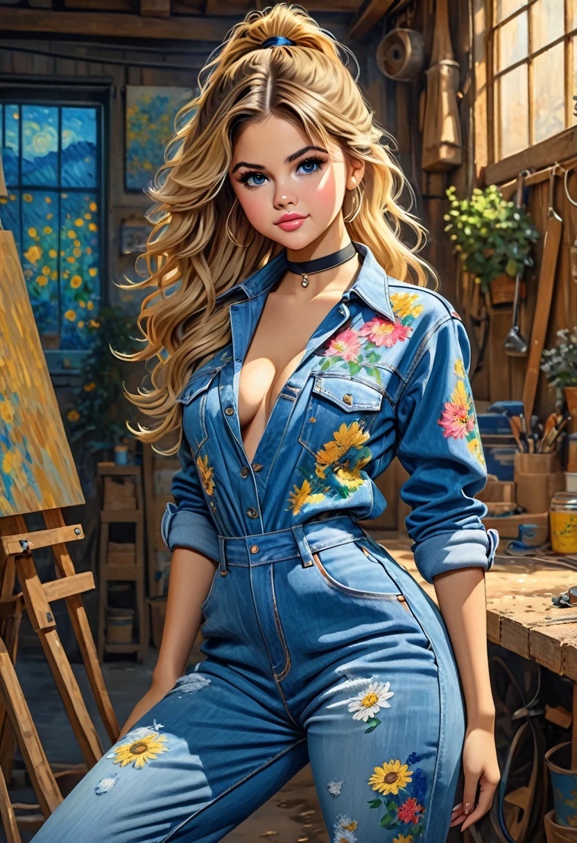 A Van Gogh painting of a pretty lady. breasts big ((1 girl)) ((sexy hot)) ((long blonde hair, high ponytail)), blue colored eyes, wavyhair, extremely sexy body, choker, (((wearing a bold and stylish denim jumpsuit))), extremely detaild, hyper detailled, (((face perfect)), soft lighting, ((best quality)), dynamic pose, Pose sexy, Dirty with grease, cute and sexy expression, in front of the workshop. Selena Gomez
