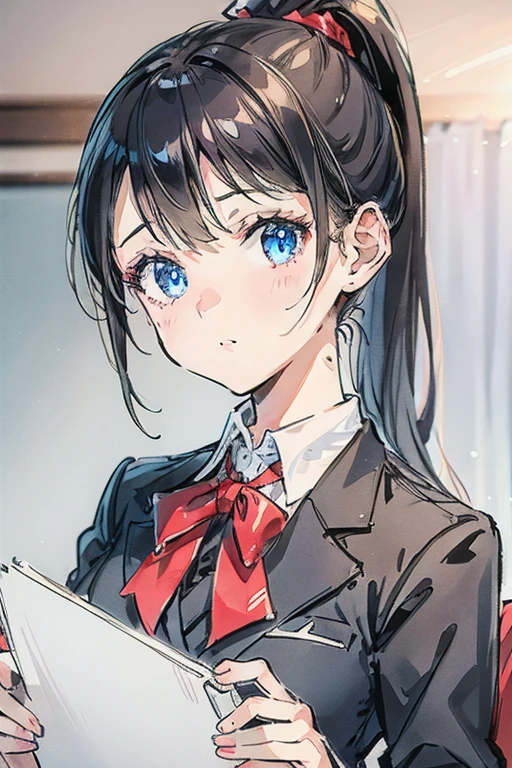 One Girl, ponytail, Cool face,Blazer Uniform,Anatomically correct, Attention to detail, Slanted Eyes, Setting diagram, Background Blur, anime,