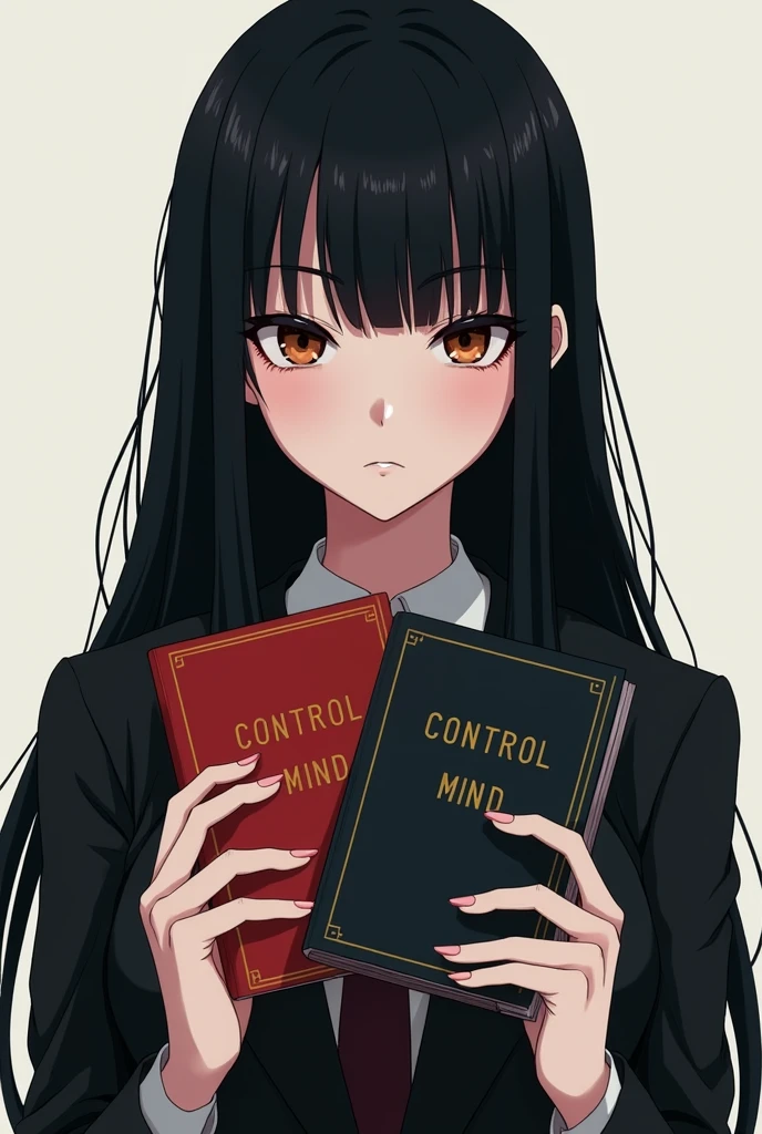 A black hair skinny beautiful anime girl holding books with no emotions and written on CONTROL MIND