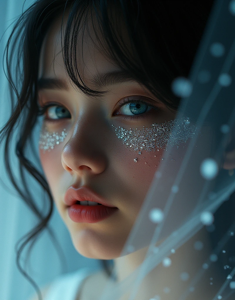 One girl，beautiful，Glittering，Motion Blur，triangle，Cinematic lighting effects，close，Detailed face，diamond,crystal,face art