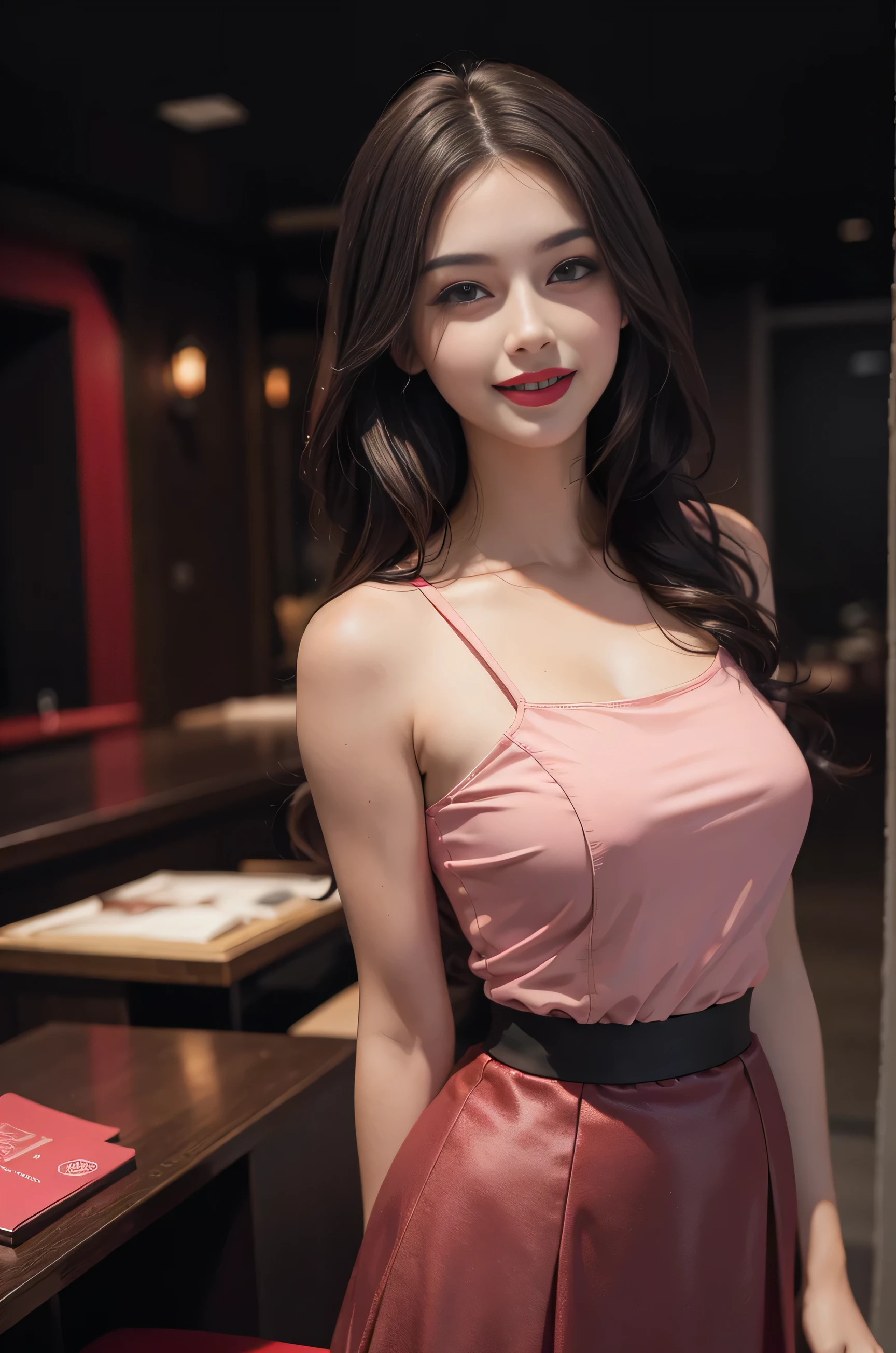 A beautuful girl, dark hair, pink skirt dress, red lips, smiling, looking very adorablae, dark background, realistic, 4k