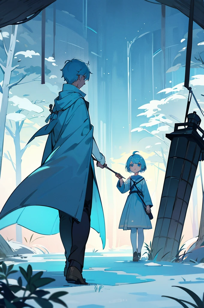 Walking hand in hand through the white misty forest、A girl with short light blue hair holding a lantern and a boy with short light blue hair