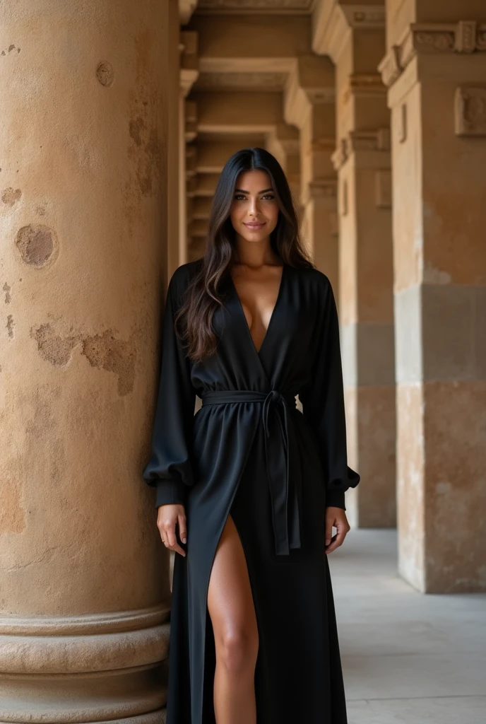 Full body, Beauty as kardashian, standing in a museum, Ancient stone structures, intricate carvings, towering pillars, archaeological remnants, weathered walls, historical artifacts, posing for a picture, sitting on stairs, 1 girl, a 27-year-old Indian woman, absolute beauty, long hair, wearing a fashion dress, black color robe, robe, fashion pose, looking at the camera, ultra-realistic, hyper-realistic, ultra-detailed, hyper-detailed, 35mm F/28, hyper-detailed full body shot of a woman, nice face, sexy smiling, sexy body, , hair, aesthetic body, rich colors, face focused, 8K, HD Crisp Upscale, realistic lying, RAW photography, best quality： 1.4, No dark background, Beautiful details eye, full cleavage, perfect DD cup breasts, thick thighs, wide hips, muscular thighs, long hair, High-detailed, perfectly located eyes, perfect eyes, photographed on a Canon EOS R5, 50mm lens, F/2.8, HDR, (cinematic lighting), (dramatic lighting), (sharp focus), (intricate), fashion, realistic skin texture, (( perfect anatomy)), ((detailed face:1.2)), ((detailed facial features)), (finely detailed skin), masterpiece), (perfect proportion), (realistic photo), (best quality: 1.6), (detailed), Detailedface, perfecteyes, cutout dress,