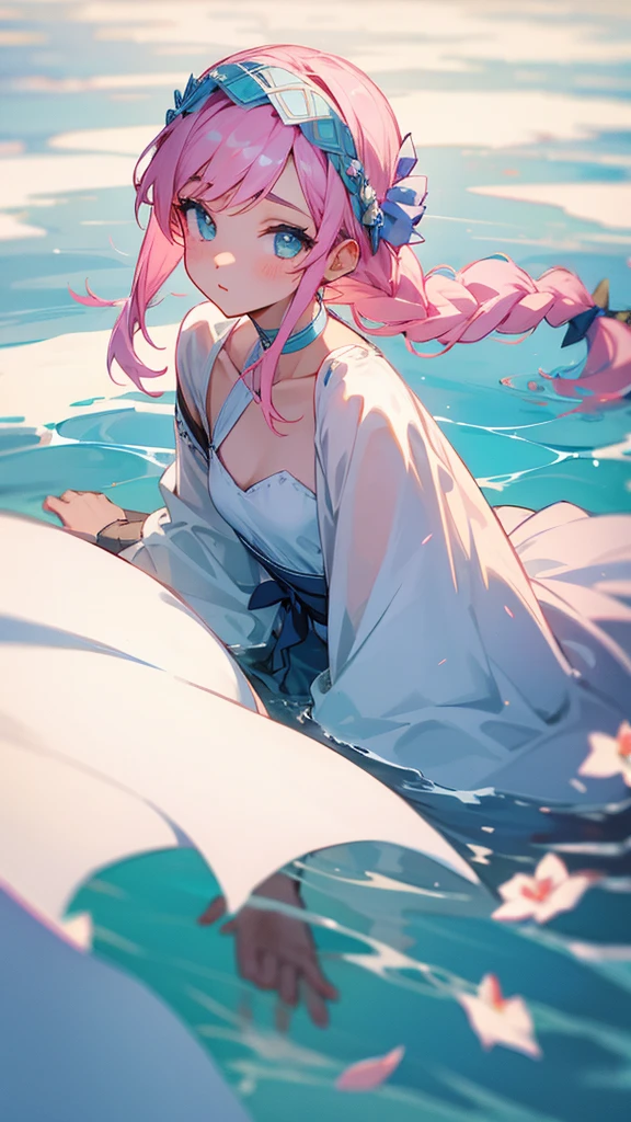 A beautiful young girl surrounded by white roses, fair skin, a light pink dress, and a sea-colored braided headband.
