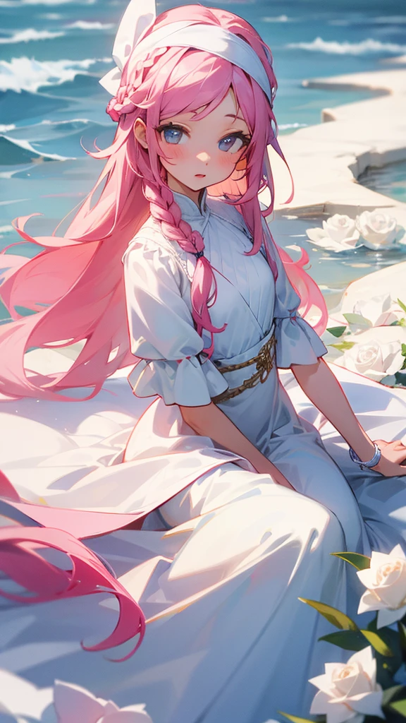 A beautiful young girl surrounded by white roses, fair skin, a light pink dress, and a sea-colored braided headband.
