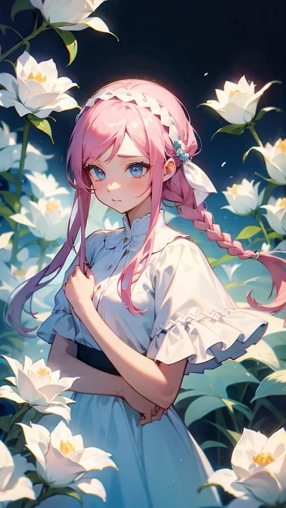 A beautiful young girl surrounded by white roses, fair skin, a light pink dress, and a sea-colored braided headband.