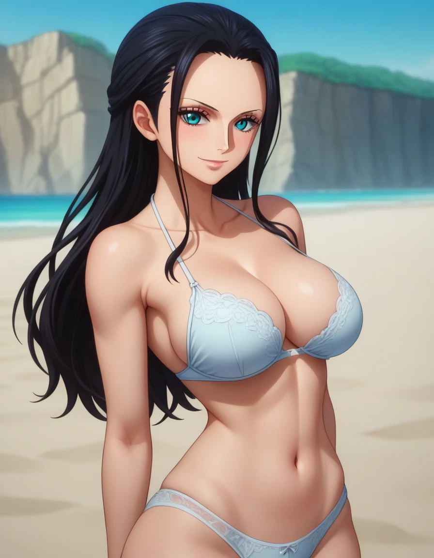 score_9, score_8_up, score_7_up, source_anime, anime screencap, one_piece_style, Nico Robin, black hair, long hair, blue eyes, large breasts, perfect body, lingerie, looking at viewer, smile, cleavage, from front, looking at viewer, beach
