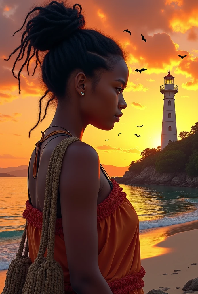 A Papua New Guinean young woman with tied curly black hair, brown skin, wearing a meri-blouse, with a string bilum hanging on her right shoulder, standing beside a light house at the beach. Sunset with bats flying, Realistic art. Has the name JESS as the first heading and MADANG as the second heading and is colored black and white stroke.